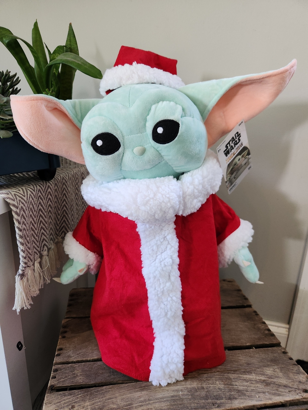 Disney Baby Yoda Plush in Mint Green, Red and White Holiday Outfit